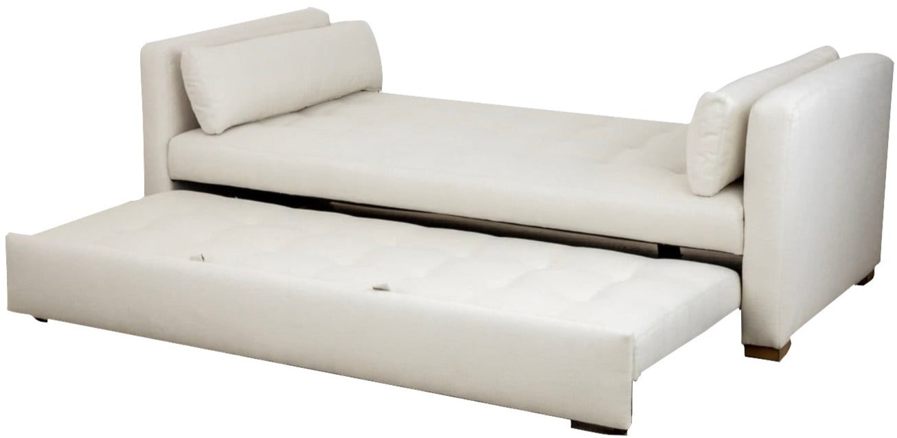 Partially extended, the Lee Industries Day Bed in Laguna Cloud Crypton, Driftwood highlights its compact design. Featuring tufted cushions and short rectangular arms, it blends style with functionality, including a pull-out trundle.