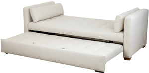 Partially extended, the Lee Industries Day Bed in Laguna Cloud Crypton, Driftwood highlights its compact design. Featuring tufted cushions and short rectangular arms, it blends style with functionality, including a pull-out trundle.