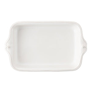 The Juliska Berry & Thread Whitewash 16" Rectangular Baker is a ceramic stoneware platter with two handles, seen from above—ideal for oven-to-table serving.