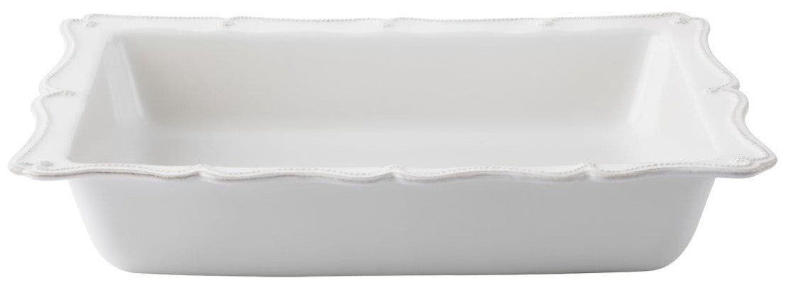 The Juliska Berry & Thread Whitewash 17.5" Rectangular Baker features scalloped edges and a ceramic stoneware design—ideal for preparing oversized holiday recipes.