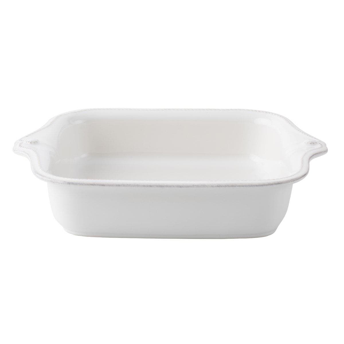 The Juliska Berry & Thread Whitewash 11" Square Baker, a white stoneware dish with flared handles, is shown against a plain white background.