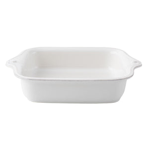 The Juliska Berry & Thread Whitewash 11" Square Baker, a white stoneware dish with flared handles, is shown against a plain white background.