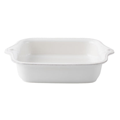 The Juliska Berry & Thread Whitewash 11" Square Baker, a white stoneware dish with flared handles, is shown against a plain white background.