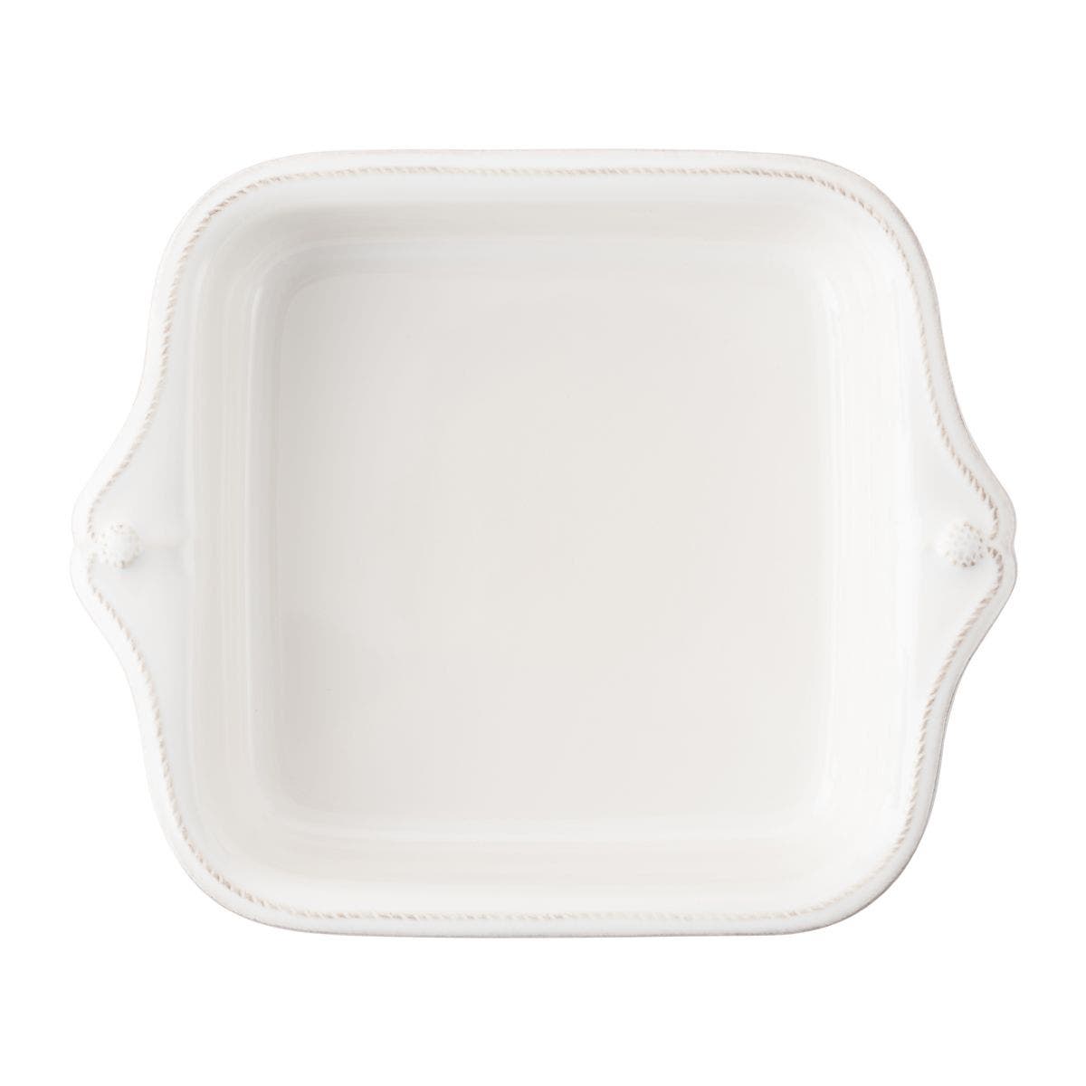 The Juliska Berry & Thread Whitewash 11" Square Baker, made in Portugal, features small side handles and is shown from above against a white background.