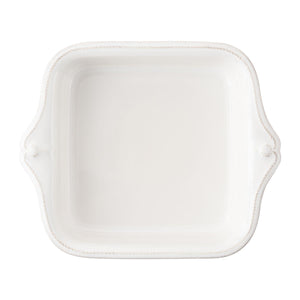 The Juliska Berry & Thread Whitewash 11" Square Baker, made in Portugal, features small side handles and is shown from above against a white background.