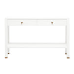 White narrow two-drawer Jarin console table with Made Goods gold-colored handles on a plain background.