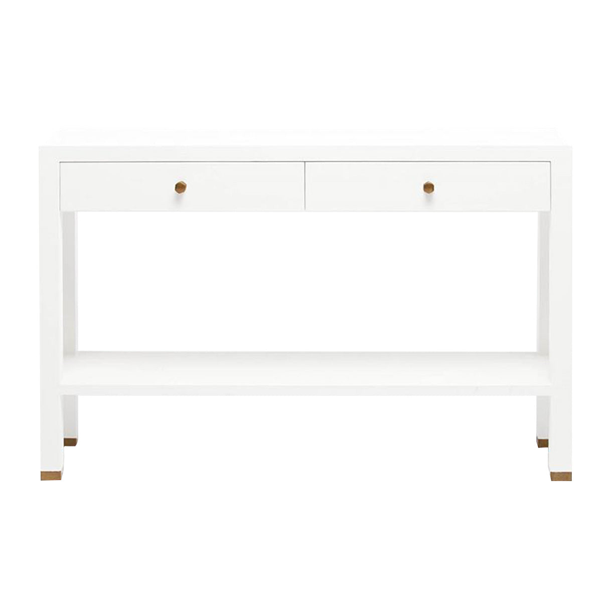 White narrow two-drawer Jarin console table with Made Goods gold-colored handles on a plain background.