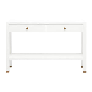 White narrow two-drawer Jarin console table with Made Goods gold-colored handles on a plain background.