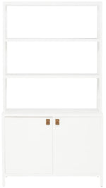 White Jake Bookcase with open-air shelving and closed two-door base cabinets. Brand name: Made Goods