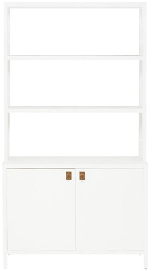White Jake Bookcase with open-air shelving and closed two-door base cabinets. Brand name: Made Goods