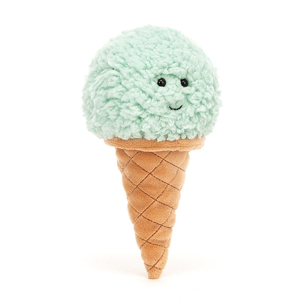 Sentence with replacement: Plush toy resembling a smiling Jellycat Irresistible Ice Cream cone with a mint green, fluffy scoop on a textured, tan cone.