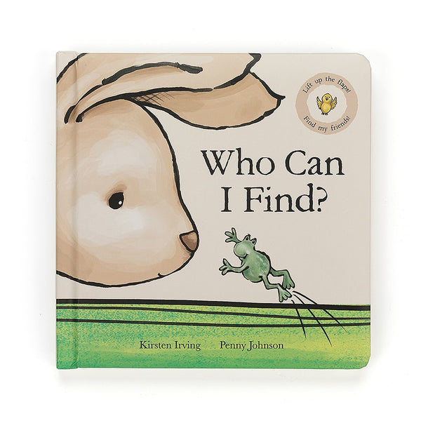Who Can I Find Book by Jellycat with a bunny and frog on the front page.