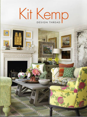 Book cover displaying a vibrant, eclectic living room with colorful furniture, patterned pillows, framed artwork, and a decorative fireplace. The title "Design Thread" is printed at the top under the brand name Common Ground, reflecting Kit Kemp's unique design approach in this captivating interiors book.