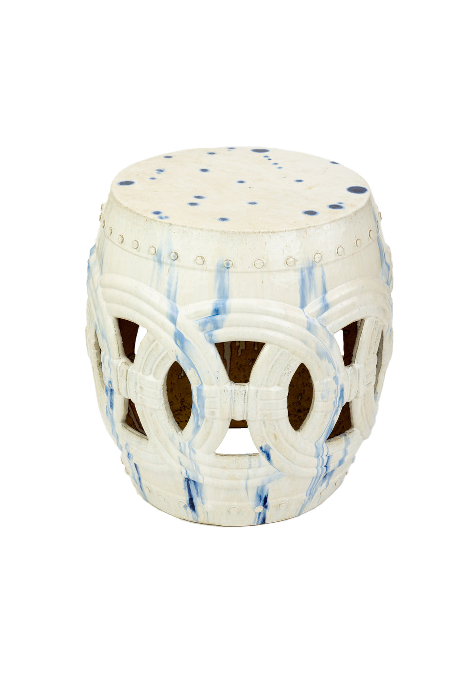 A Van Cleve Collection Large Circle Garden Stool in white and blue ceramic, perfect as additional seating and adding a pop of color to any space.