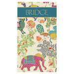 The Caspari Le Jardin De Mysore Bridge Score Pad (7.25" x 4.25") features vibrant animals and plants, a pink elephant, and "BRIDGE" in gold on a green banner—an eye-catching choice for your stationery collection.