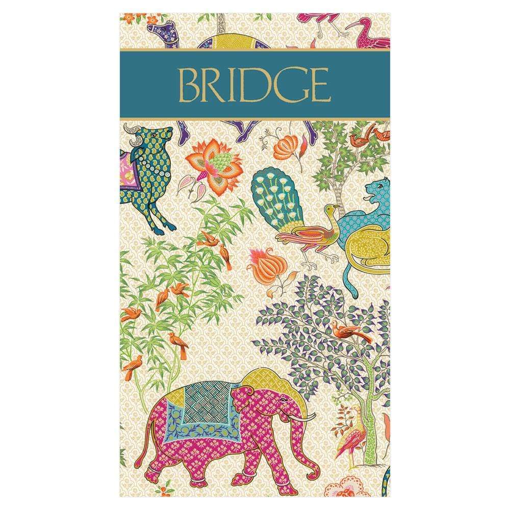 The Caspari Le Jardin De Mysore Bridge Score Pad (7.25" x 4.25") features vibrant animals and plants, a pink elephant, and "BRIDGE" in gold on a green banner—an eye-catching choice for your stationery collection.