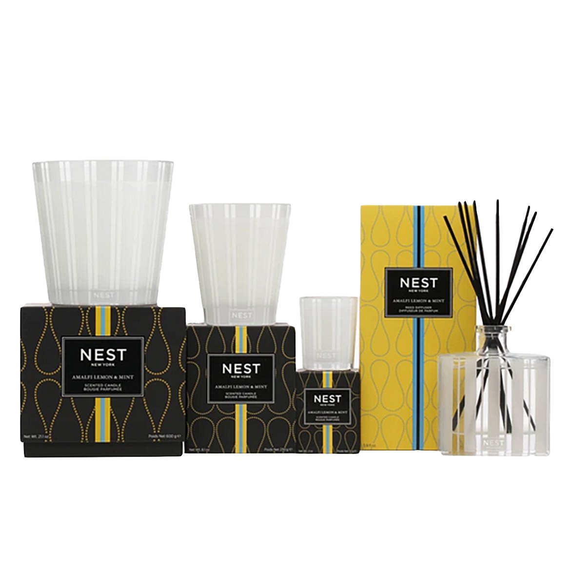 Nest’s Amalfi Lemon & Mint Diffuser features decorative packaging inspired by the Amalfi Coast in black and yellow with white and blue accents, and includes black reeds.