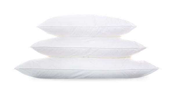 Three Matouk Libero Hypoallergenic Pillows, Queen size, are stacked atop each other against a plain white background.