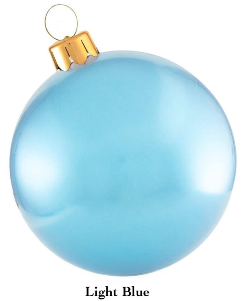 Light blue Holiball Giant Inflatable Ornament featuring a gold cap and hanging loop, perfect for adding festive charm to your holiday decorations.