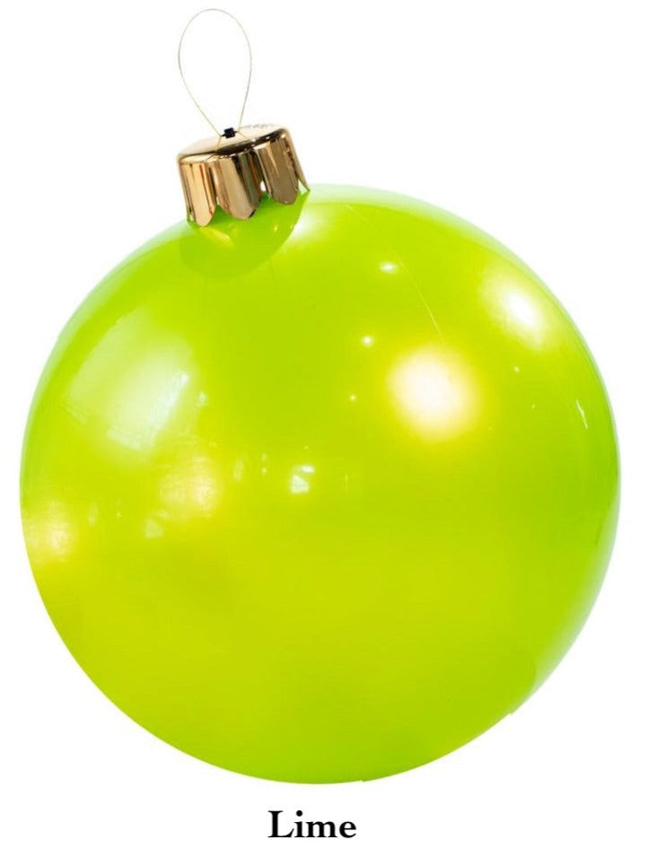 The Holiball Giant Inflatable Ornament in lime green, featuring a gold cap and hanging loop, introduces a fun twist to your holiday decorations.