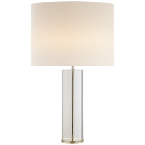 A modern Lineham Table Lamp by Visual Comfort with a cylindrical chrome base and a large, cylindrical off-white lampshade featuring an E26 keyless round socket.