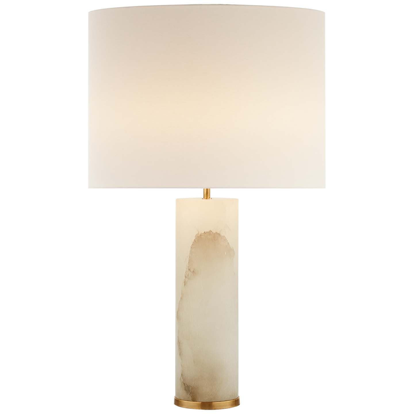 Elegant Lineham Table Lamp by Visual Comfort with an adjustable height, white translucent gem-like base, and a broad cylindrical off-white shade.