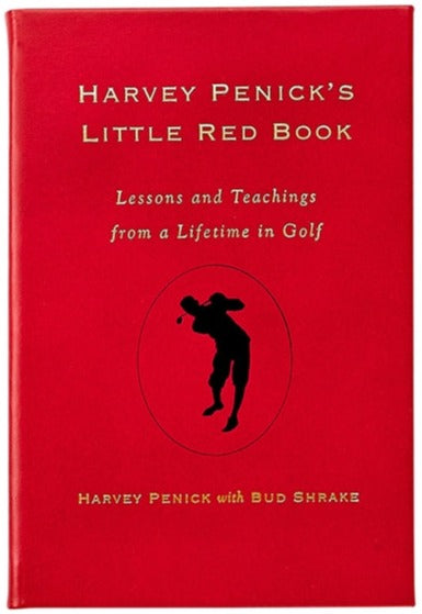 The cover of "Harvey Penick’s Little Red Book" by Graphic Image, featuring a golfer's silhouette, shares timeless golf lessons from author Harvey Penick with Bud Shrake.