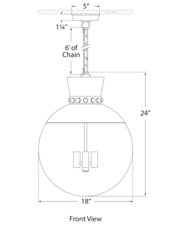 A diagram showing the dimensions of a Visual Comfort Lucia Large Pendant, Matte White and Gild with Clear Glass ceiling light.