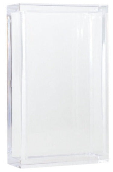 A Lucite Guest Towel Holder, branded as Caspari, displaying standard size paper guest towels on a white background.