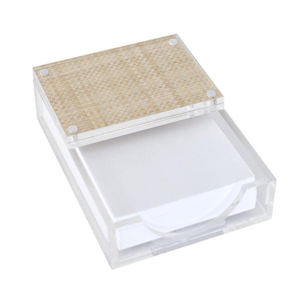 A Tara Wilson Designs Lucite Paper Holder featuring a clear box with a magnetic backing, perfect for storing and organizing 4x6 notepaper.