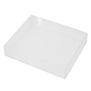 The Black Ink Large Lucite Notepad Holder is a clear, square desk accessory with low sides and an open front, perfect for keeping your essentials organized in style.