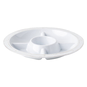 The Juliska Berry & Thread Melamine Whitewash Sectioned Server, featuring five compartments with a central circular section, is displayed on a plain background.