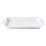 The Juliska Berry & Thread Whitewash Melamine 24" Handled Tray, shown empty against a white background, features scalloped handles and is perfect to complement your Melamine dinnerware or pieces from the Al Fresco Collection.
