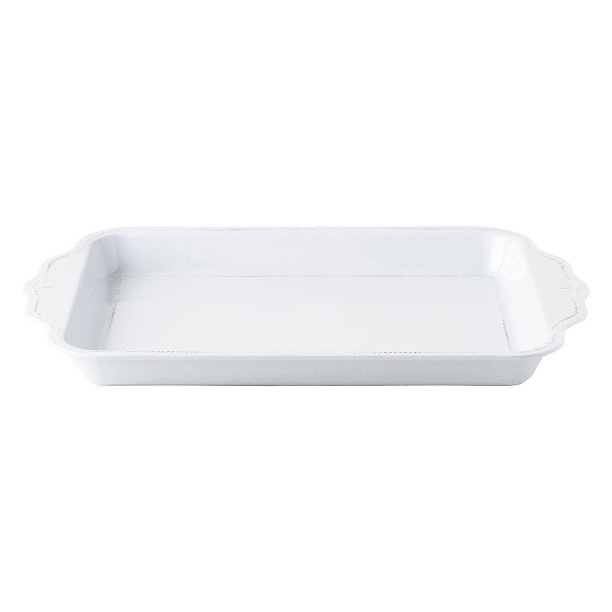 The Juliska Berry & Thread Whitewash Melamine 24" Handled Tray, shown empty against a white background, features scalloped handles and is perfect to complement your Melamine dinnerware or pieces from the Al Fresco Collection.