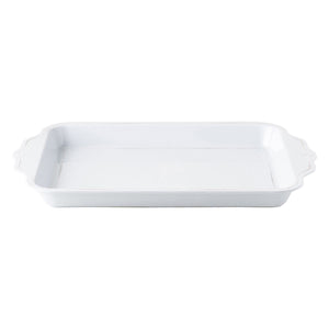 The Juliska Berry & Thread Whitewash Melamine 24" Handled Tray, shown empty against a white background, features scalloped handles and is perfect to complement your Melamine dinnerware or pieces from the Al Fresco Collection.