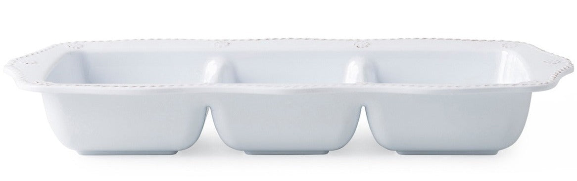 The Juliska Berry & Thread Melamine Whitewash Triple Section Server features three compartments, a decorative edge, and durable melamine construction—perfect for entertaining.