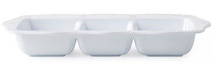 The Juliska Berry & Thread Melamine Whitewash Triple Section Server features three compartments, a decorative edge, and durable melamine construction—perfect for entertaining.