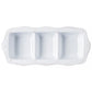 The Juliska Berry & Thread Melamine Whitewash Triple Section Server features three compartments and decorative edges, is crafted from durable melamine, and is dishwasher safe for easy cleanup.