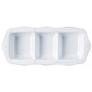 The Juliska Berry & Thread Melamine Whitewash Triple Section Server features three compartments and decorative edges, is crafted from durable melamine, and is dishwasher safe for easy cleanup.