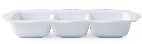 A Juliska Berry & Thread Triple Section Server Melamine Whitewash dish with three compartments, perfect for serving appetizers.