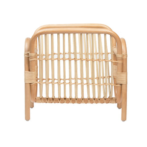 Front view of the Makassar Magazine Holder by Pigeon & Poodle, featuring a light wood frame and naturally curved woven rattan design, displayed against a white background.