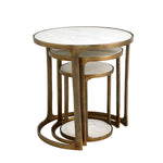 The Marble Top Nesting Tables Set of 3 by Global Views includes three round, gold-colored tables with elegant white marble tops and a sleek bronze finish, featuring one large table and two smaller ones that fit underneath.