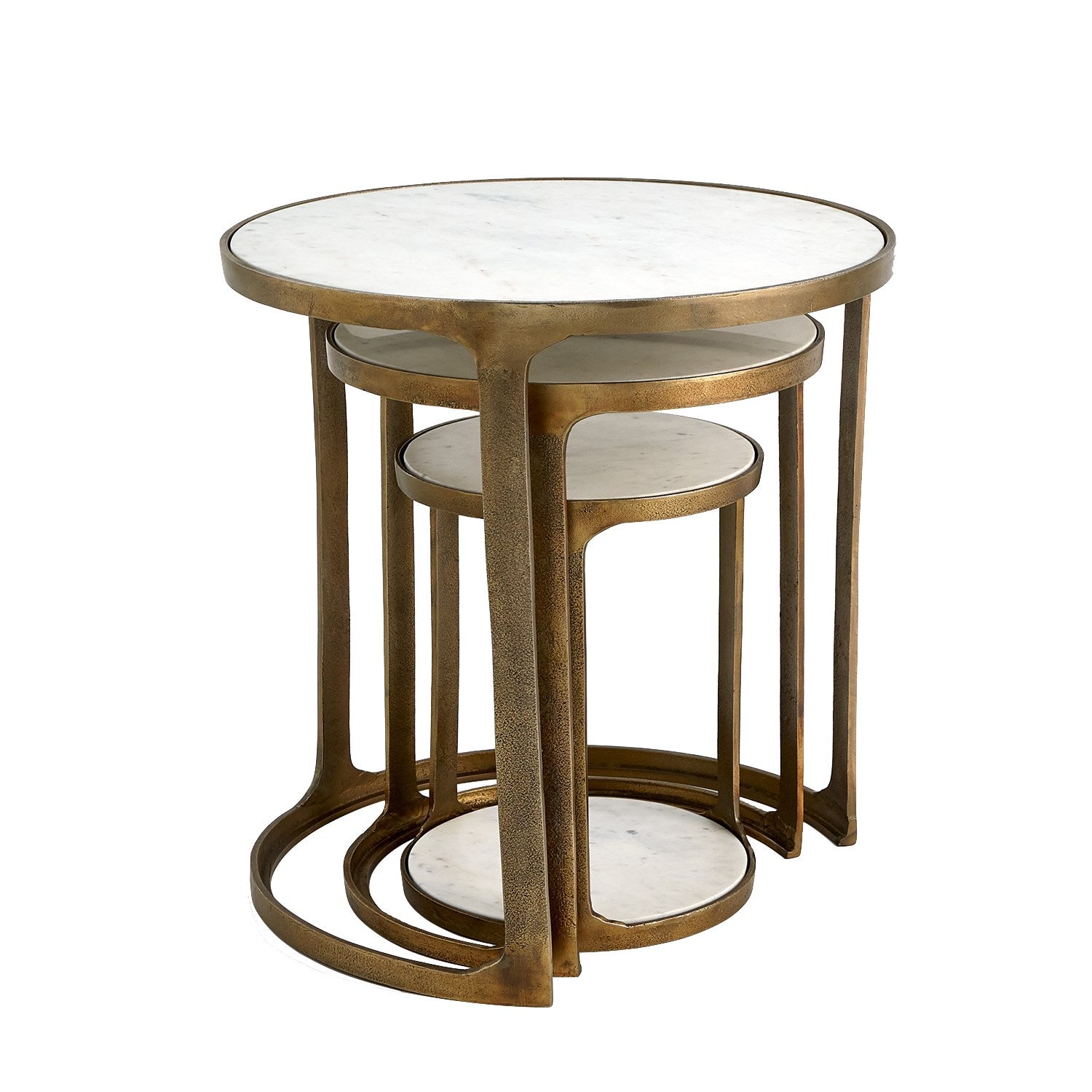 The Marble Top Nesting Tables Set of 3 by Global Views includes three round, gold-colored tables with elegant white marble tops and a sleek bronze finish, featuring one large table and two smaller ones that fit underneath.