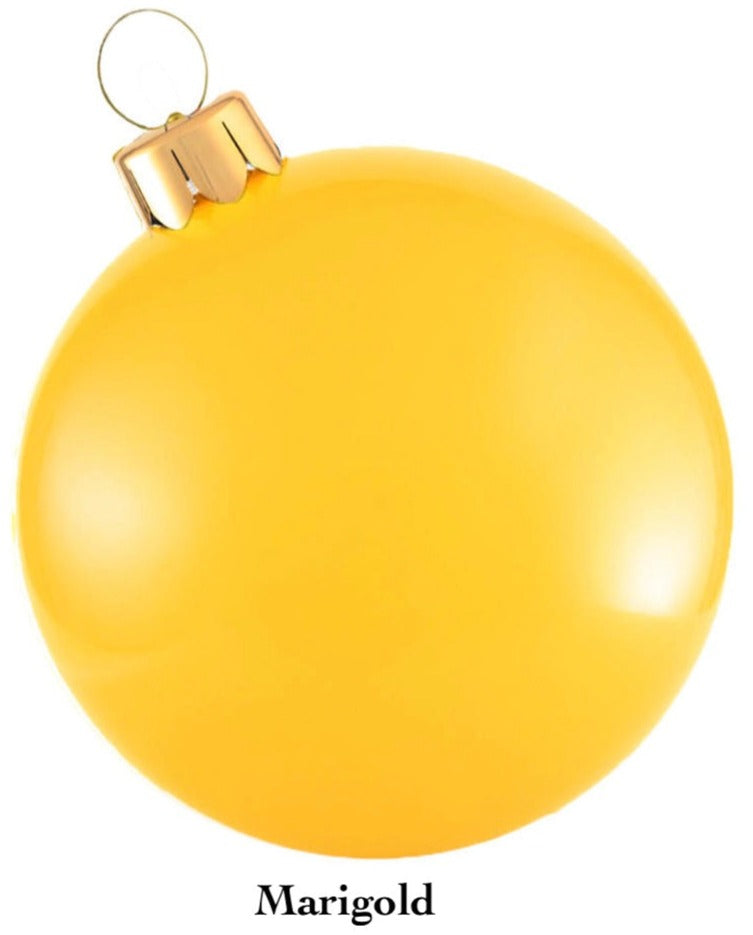 A glossy, spherical, marigold-colored Holiball Giant Inflatable Ornament featuring a gold cap and hanging loop set against a white background.
