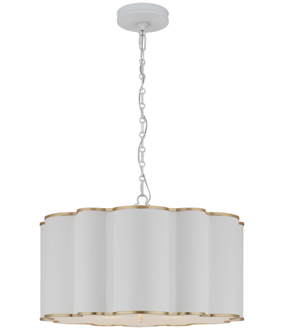 A Markos Large Hanging Shade by Visual Comfort, with a white shade and gold accents, perfectly gilded with subtle dimensions.