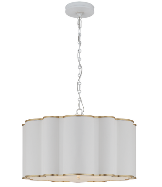 A Markos Large Hanging Shade by Visual Comfort, with a white shade and gold accents, perfectly gilded with subtle dimensions.