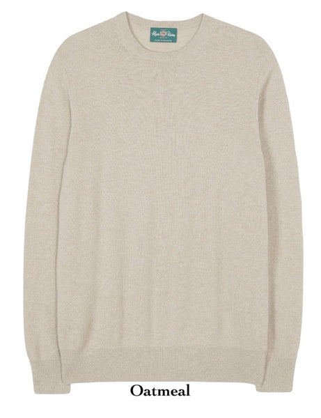 An Alan Paine Men's Melfort Cashmere Crew Neck sweater in soft beige with the words 'oatmeal' on it.