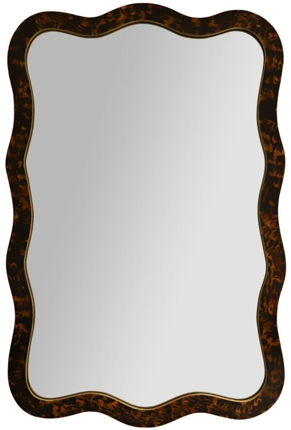The Melody Mirror by Carvers' Guild features a rectangular design with a wavy tortoise-patterned frame in dark brown and black tones, accented by a gold leaf inner edge.