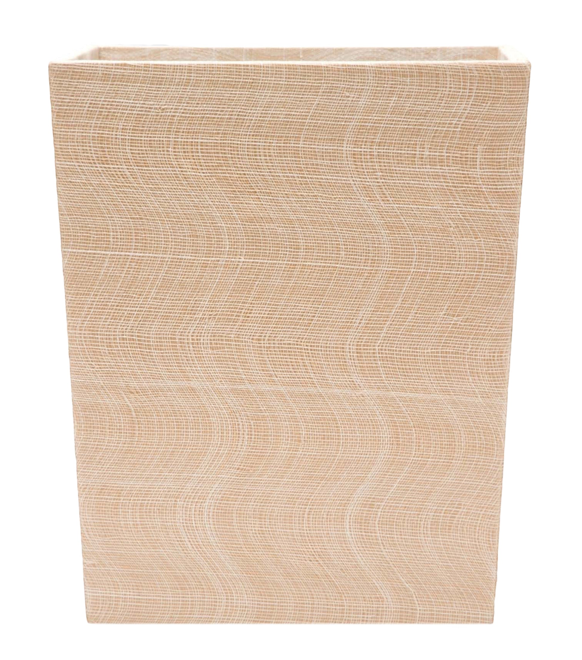 The Merida Natural Waste Basket by Pigeon & Poodle features a beige, textured wavy pattern designed to complement the Silken Abaca desk set and is shown against a plain white background.