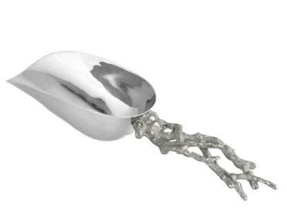 The Michael Aram Ocean Reef Ice Scoop features a polished stainless steel bowl and an irregular, coral reef-inspired textured handle.